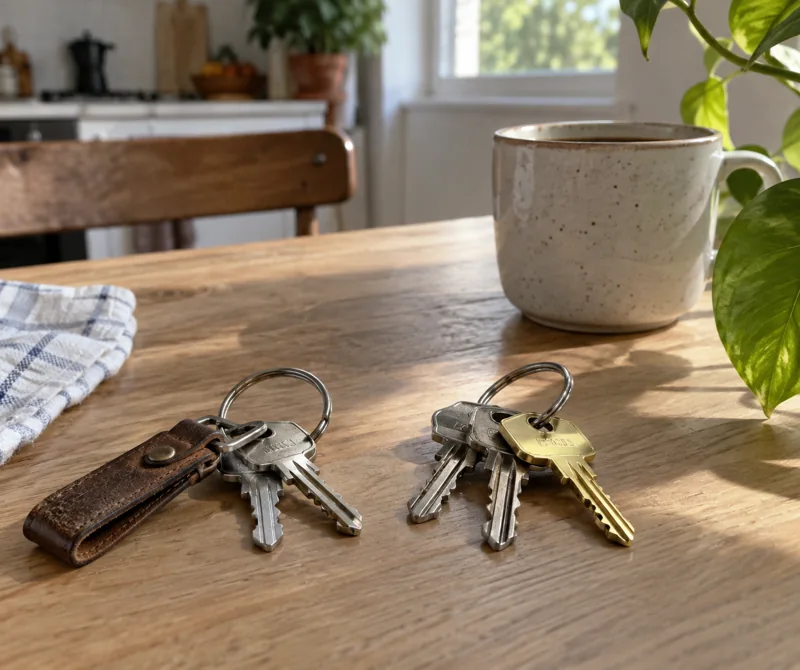 Two sets of keys and a coffee cup on a sunlit kitchen table.