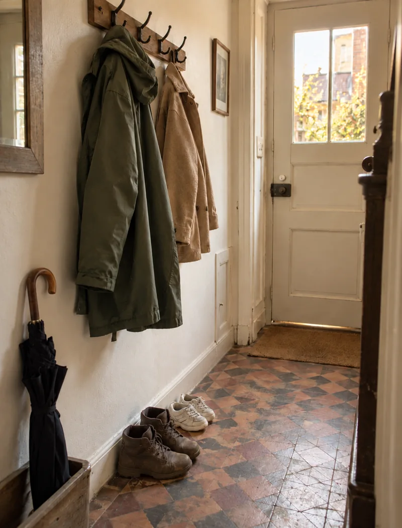 Two people’s coats and shoes in a warm hallway.