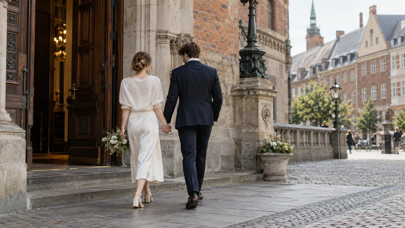 A married couple walks hand in hand towards the entrance of a historic building.
