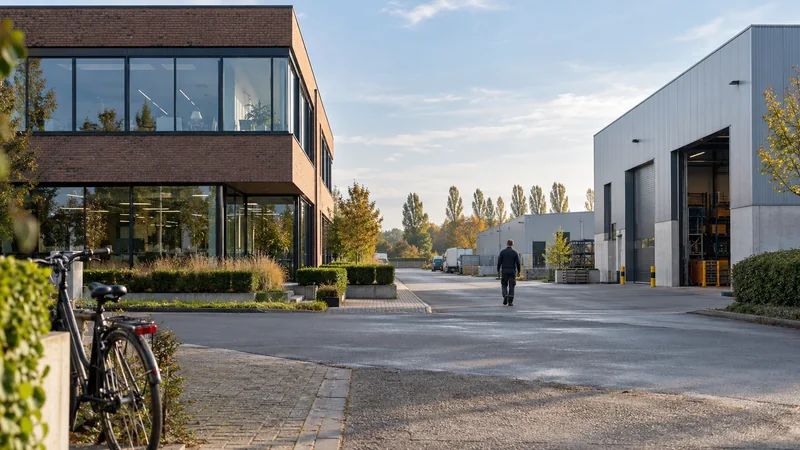 Travailleur dans un parc d’activités avec des bureaux et des bâtiments industriels.