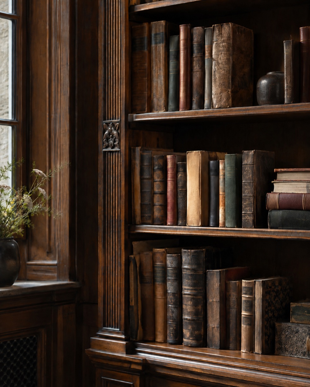 Old books on wooden library shelves in soft window light