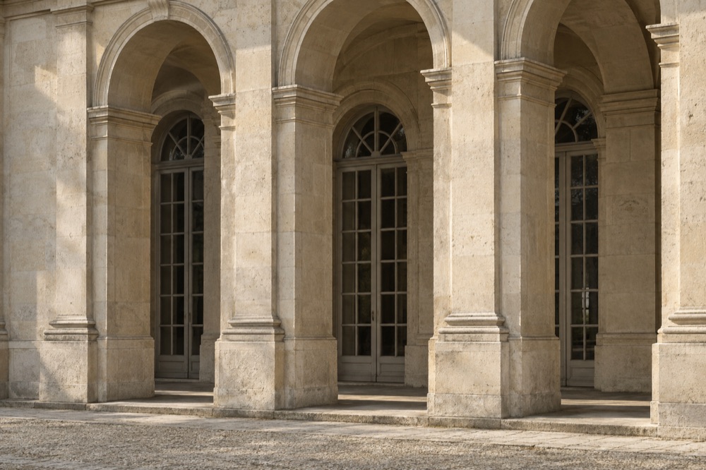 Rhythm of stone piers and arches in a classical colonnade