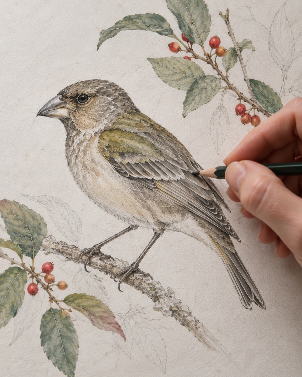 A hand uses a fine pencil to draw the feathers of a bird on a branch.