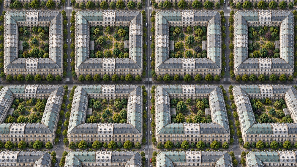 Surreal city with an upward-folding street grid, copper-green roofs and leafy courtyards