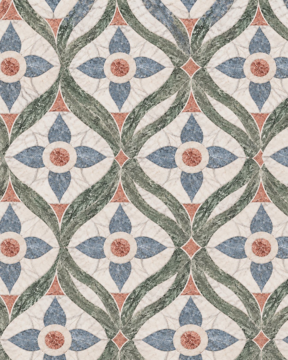 Interlocking geometric marble patterns in white, green, blue and coral.